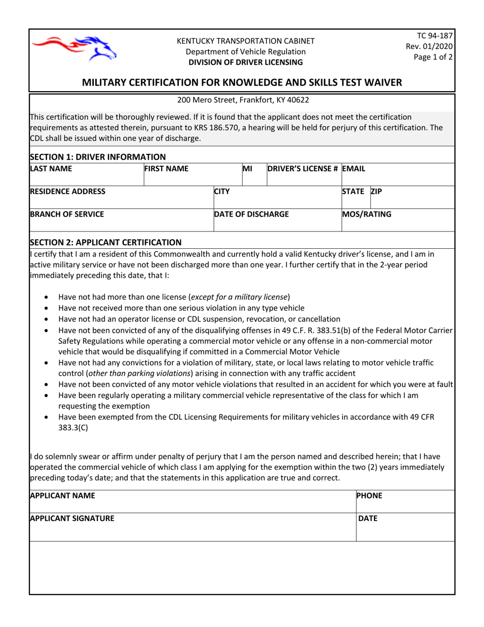 Form TC94-187 Military Certification for Knowledge and Skills Test Waiver - Kentucky, Page 1