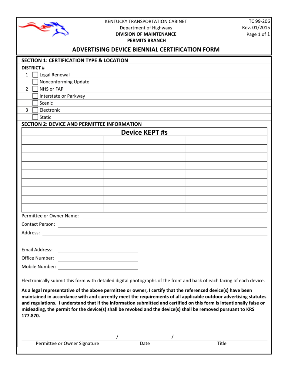Form TC99-206 Advertising Device Biennial Certification - Kentucky, Page 1