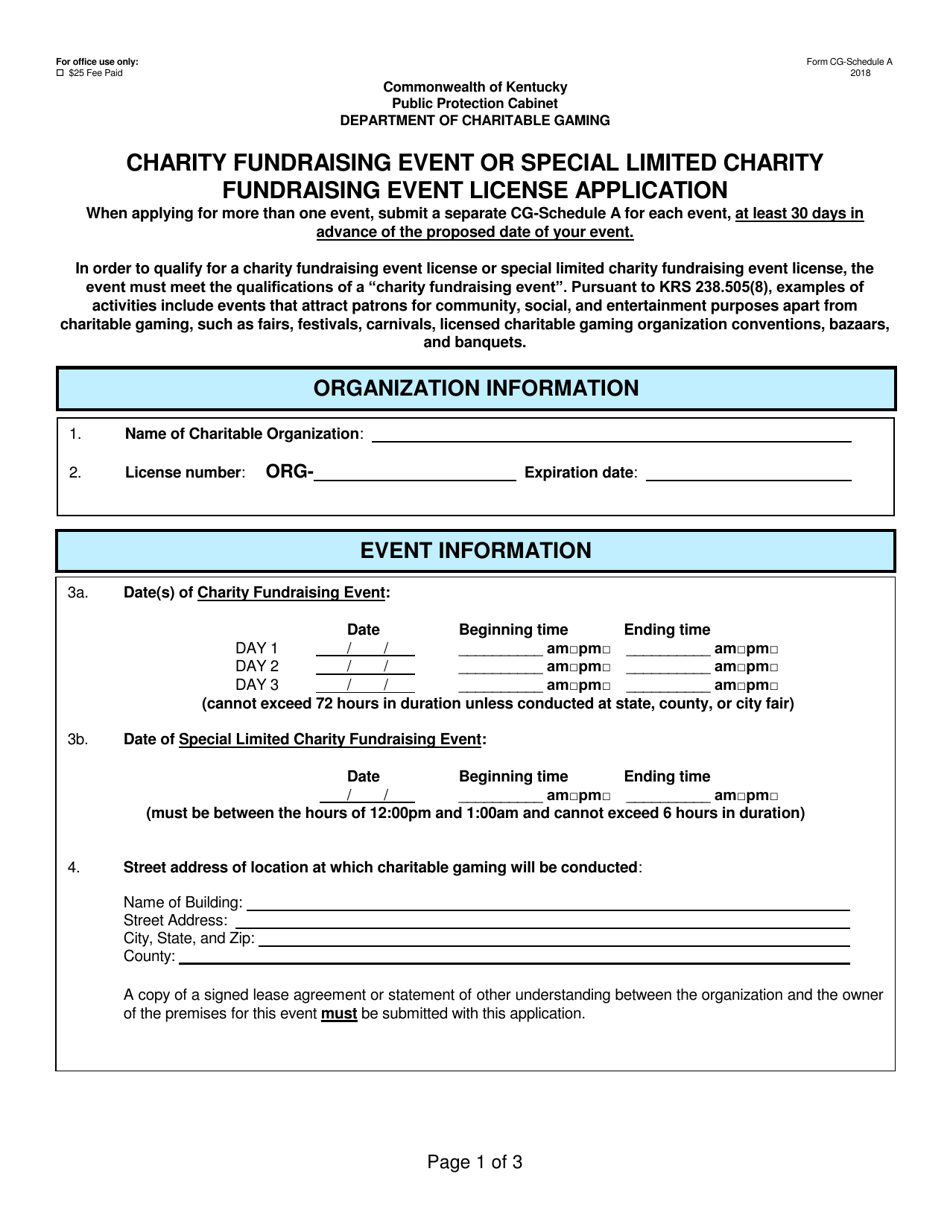 Form CG Schedule A Charity Fundraising Event or Special Limited Charity Fundraising Event License Application - Kentucky, Page 1