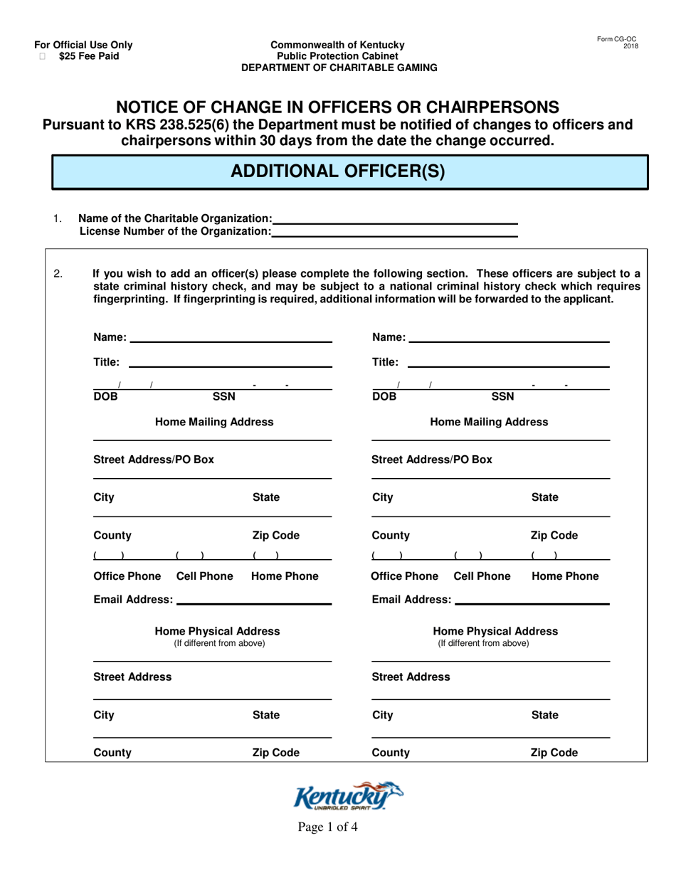 Form CG-OC Notice of Change in Officers or Chairpersons - Kentucky, Page 1