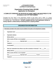 Form CG-EXEMPT Organization Grossing Under $25,000 Application for Exemption - Kentucky