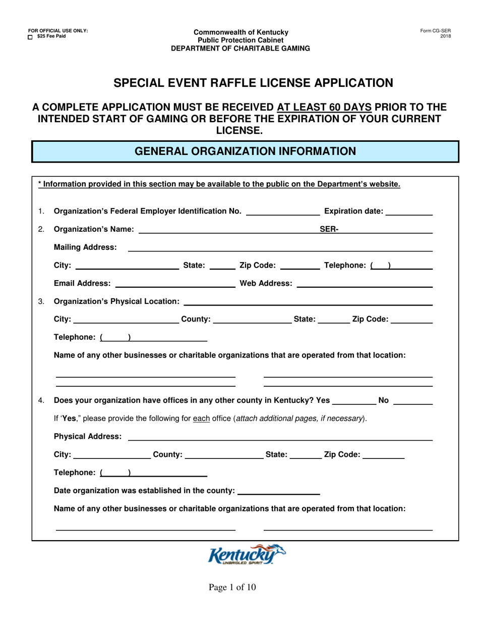 Form CG-SER Special Event Raffle License Application - Kentucky, Page 1