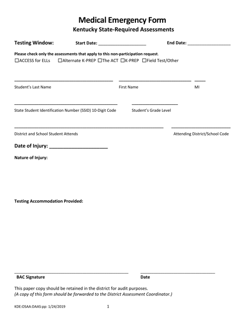 Medical Emergency Form - Kentucky State-Required Assessments - Kentucky Download Pdf