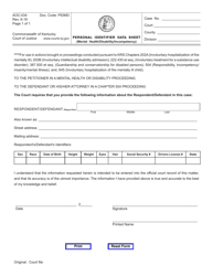 Document preview: Form AOC-034 Personal Identifier Data Sheet (Mental Health/Disability/Incompetency) - Kentucky
