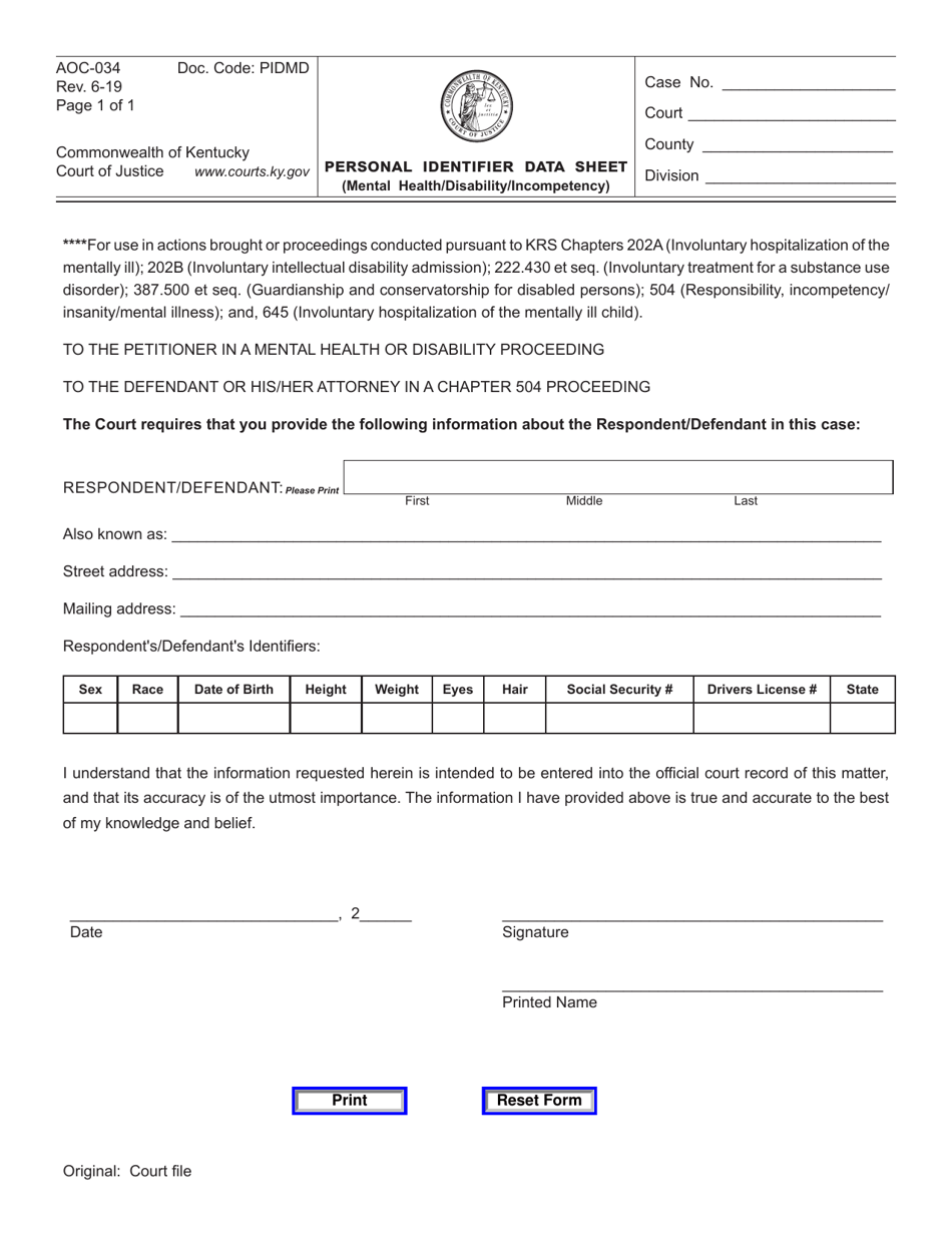 Form AOC-034 Personal Identifier Data Sheet (Mental Health / Disability / Incompetency) - Kentucky, Page 1