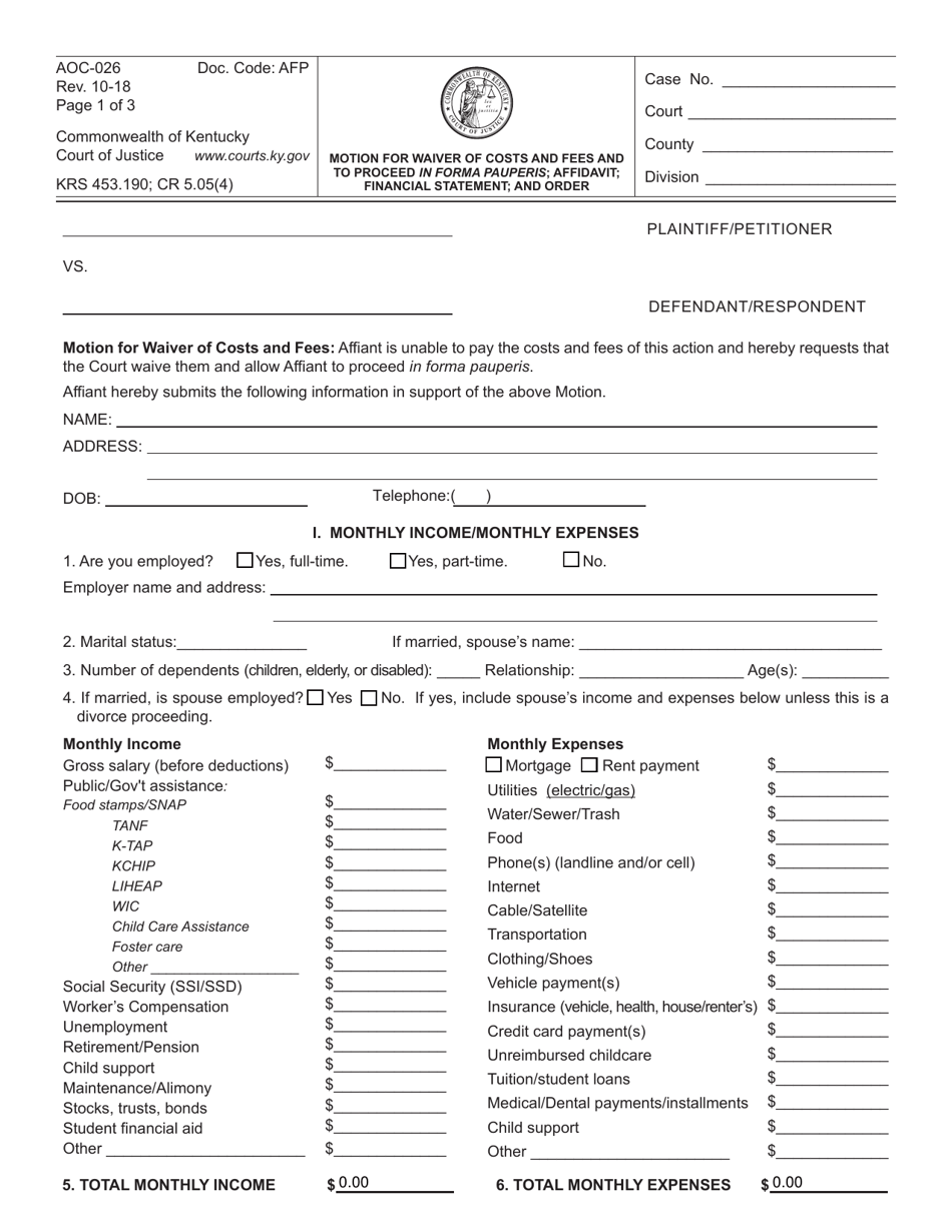 Form AOC-026 Motion for Waiver of Costs and Fees and to Proceed in Forma Pauperis; Affidavit; Financial Statement; and Order - Kentucky, Page 1