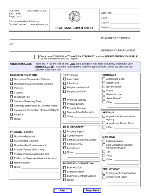 Form AOC-104 Civil Case Cover Sheet - Kentucky