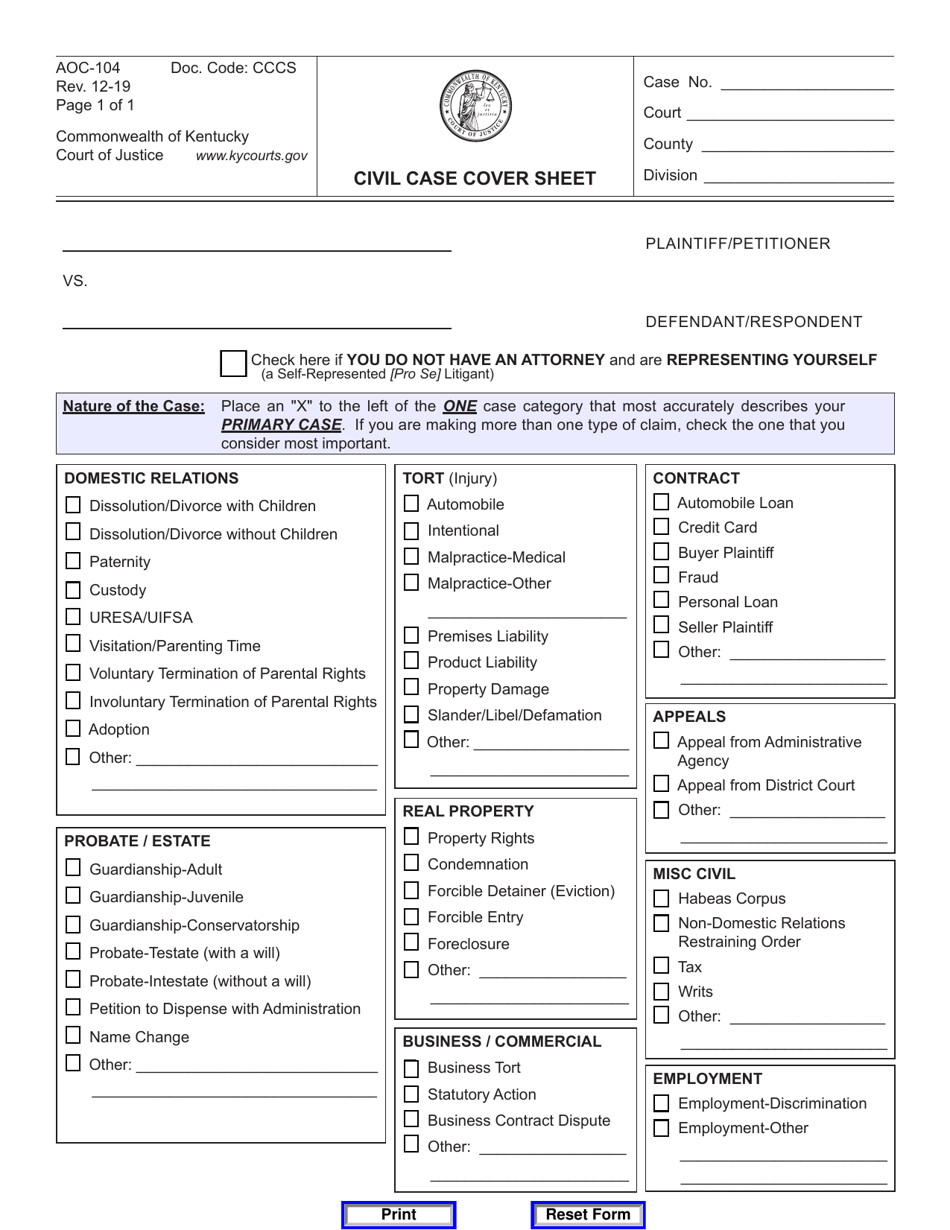 Form AOC-104 Civil Case Cover Sheet - Kentucky, Page 1