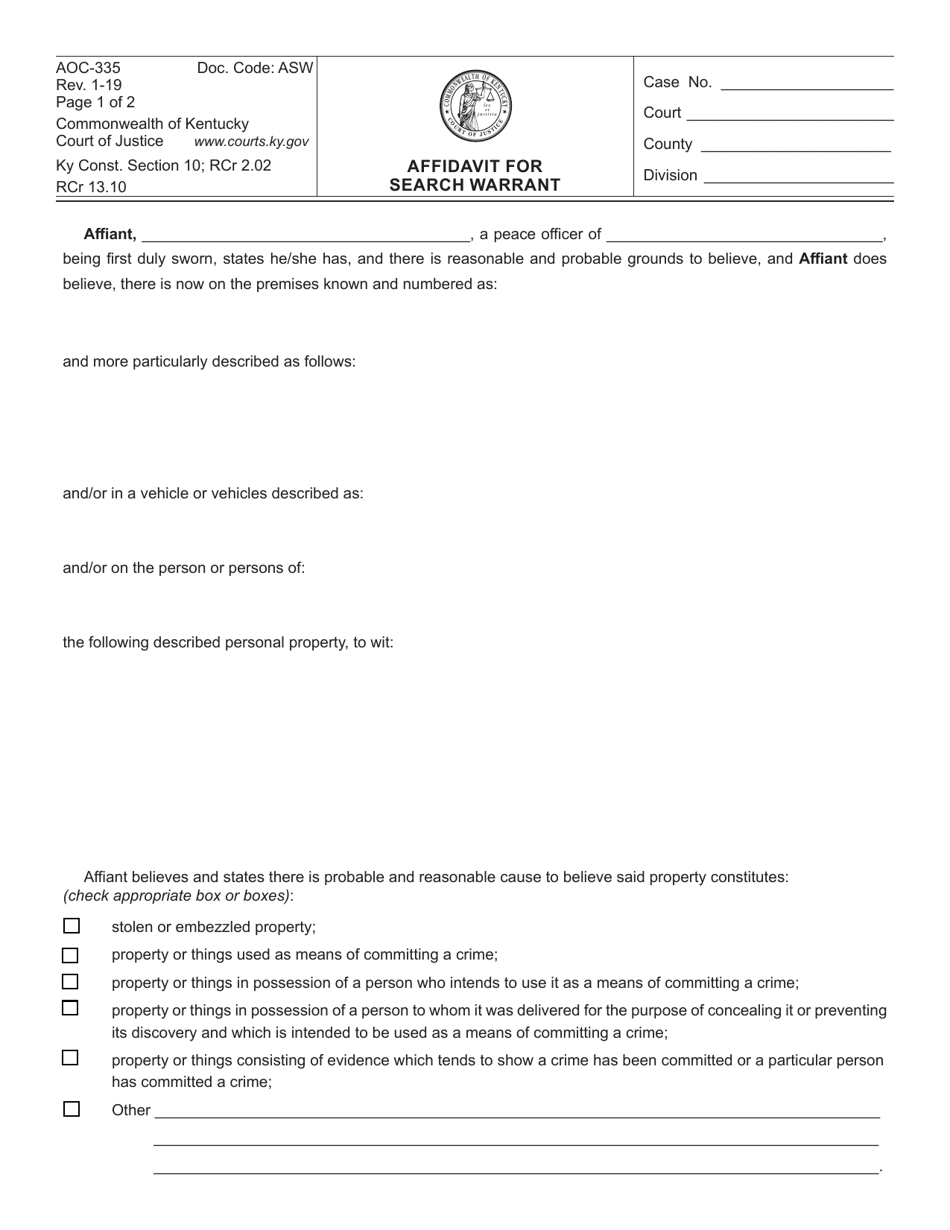 Form AOC-335 Affidavit for Search Warrant - Kentucky, Page 1