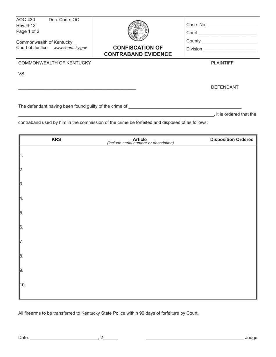Form AOC-430 Confiscation of Contraband Evidence - Kentucky, Page 1