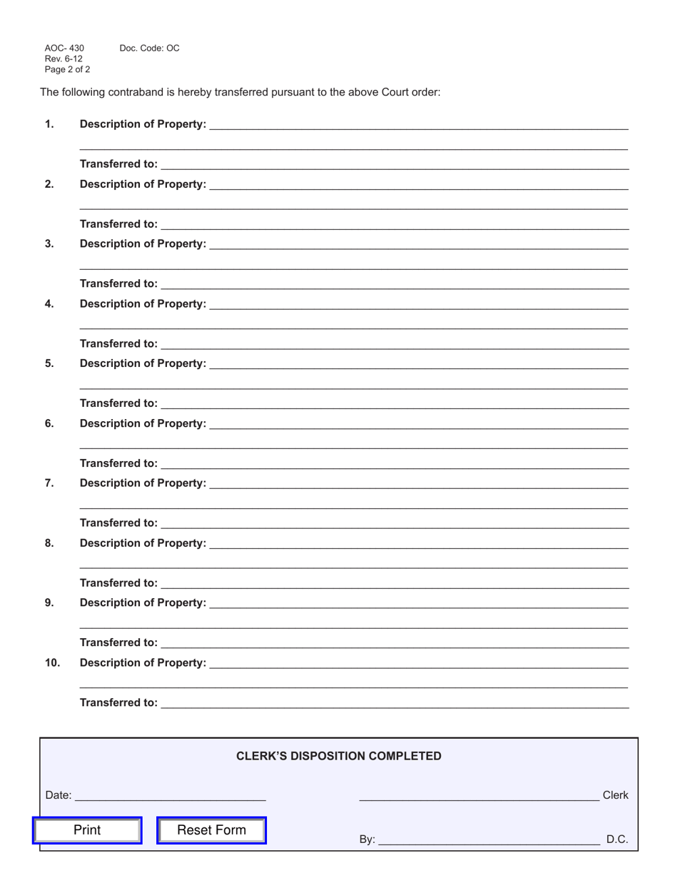 Form AOC-430 Confiscation of Contraband Evidence - Kentucky, Page 2