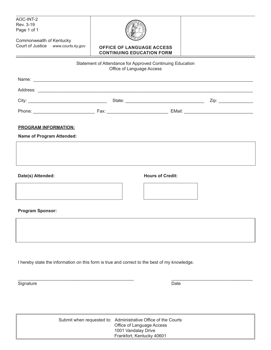 Form AOC-INT-2 Office of Language Access Continuing Education Form - Kentucky, Page 1
