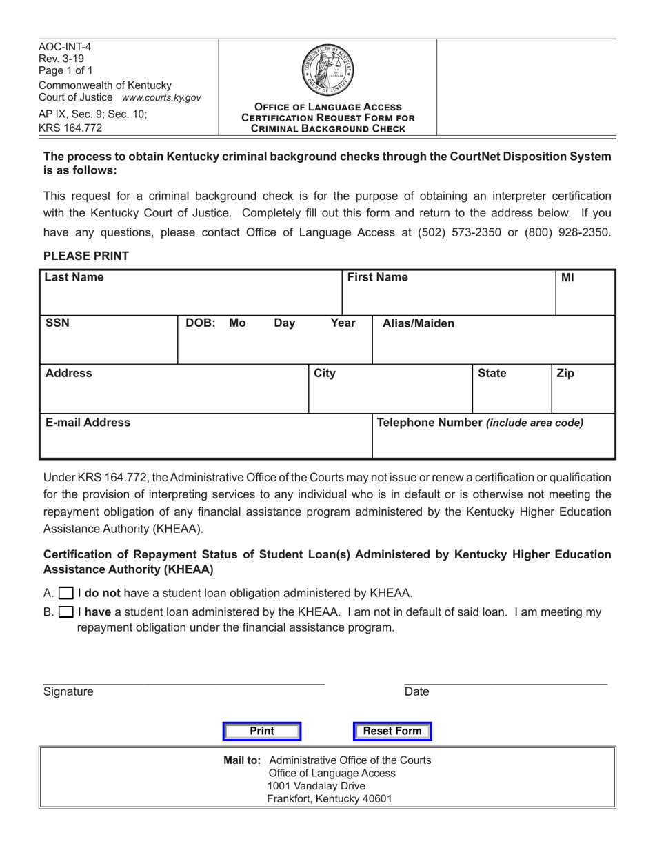 Form AOC-INT-4 Court Interpreting Services Certification Request Form for Criminal Background Check - Kentucky, Page 1