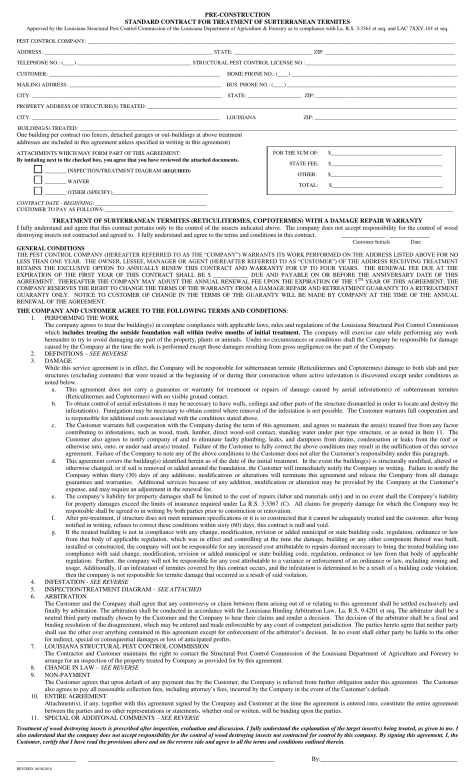 Pre-construction Standard Contract for Treatment of Subterranean Termites - Louisiana, Page 1