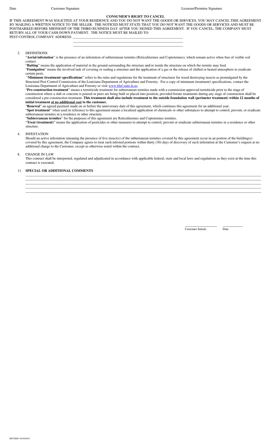 Pre-construction Standard Contract for Treatment of Subterranean Termites - Louisiana, Page 2