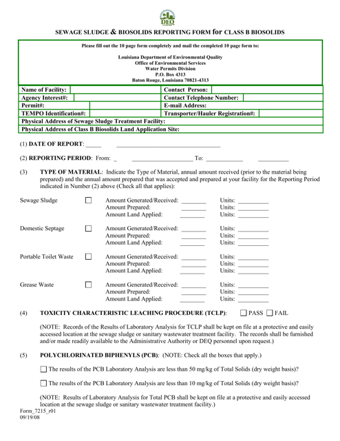 Form 7215 Sewage Sludge & Biosolids Reporting Form for Class B Biosolids - Louisiana