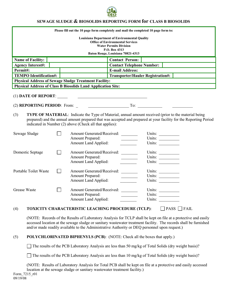 Form 7215 Sewage Sludge  Biosolids Reporting Form for Class B Biosolids - Louisiana, Page 1