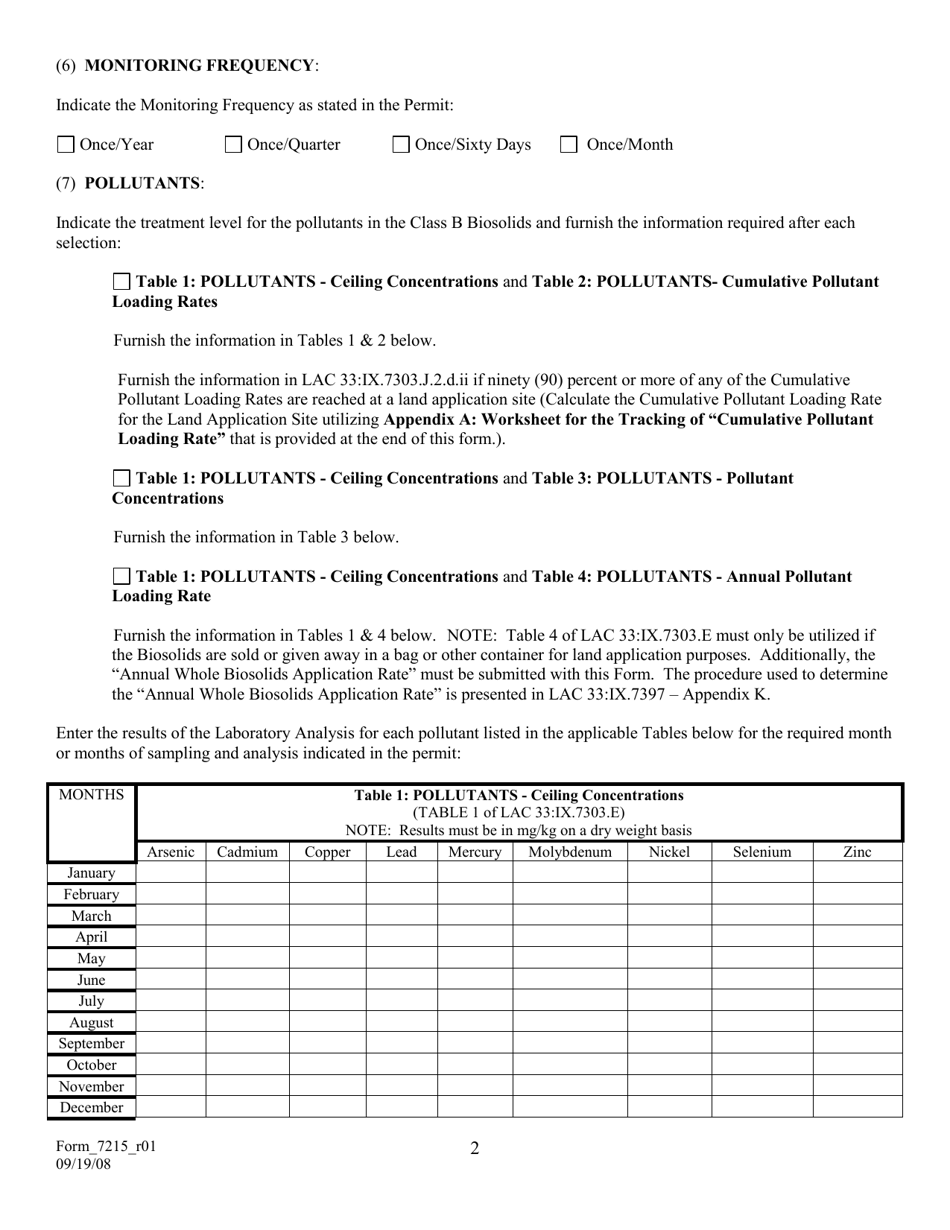 Form 7215 Sewage Sludge  Biosolids Reporting Form for Class B Biosolids - Louisiana, Page 2