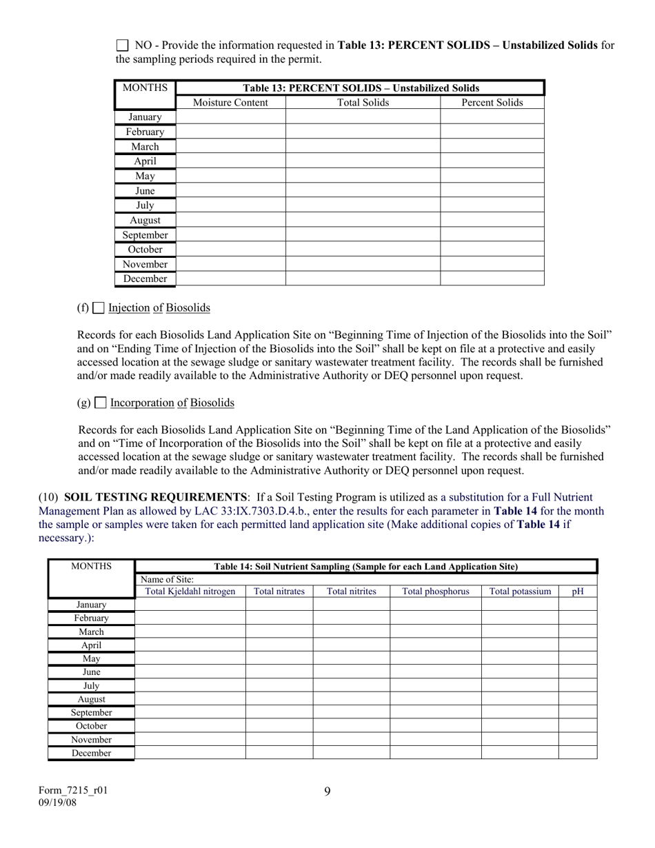 Form 7215 Sewage Sludge  Biosolids Reporting Form for Class B Biosolids - Louisiana, Page 9