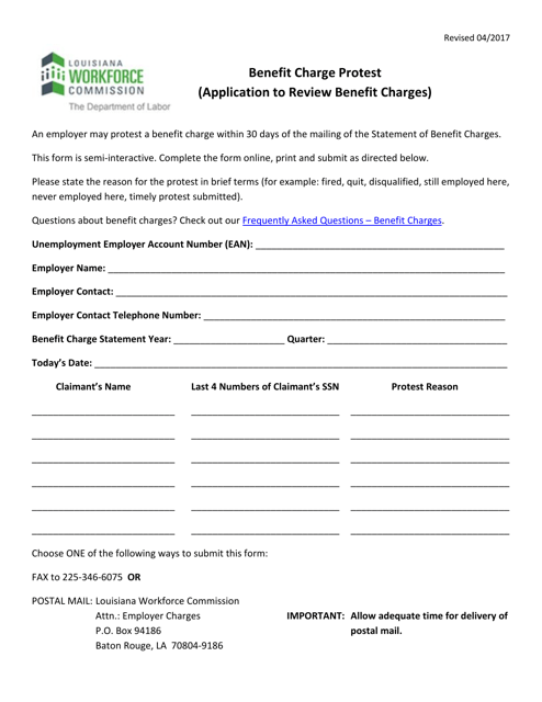 Benefit Charge Protest (Application to Review Benefit Charges) - Louisiana Download Pdf