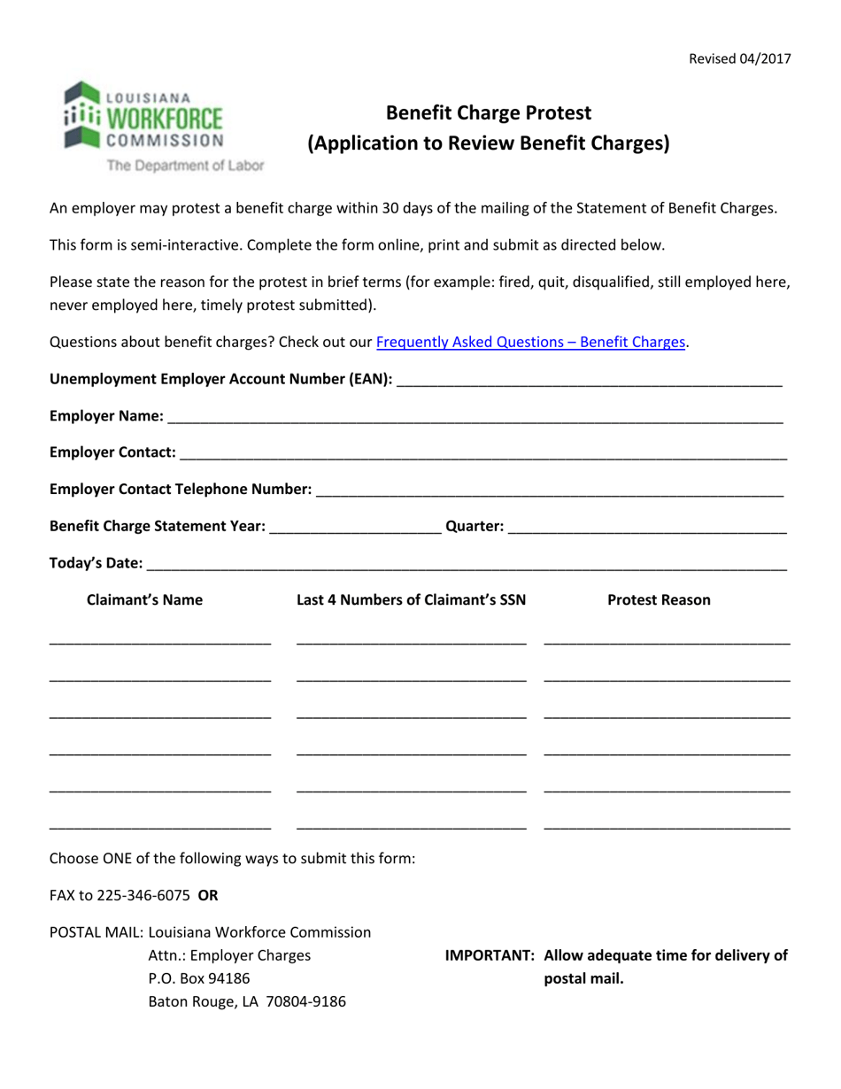 Benefit Charge Protest (Application to Review Benefit Charges) - Louisiana, Page 1