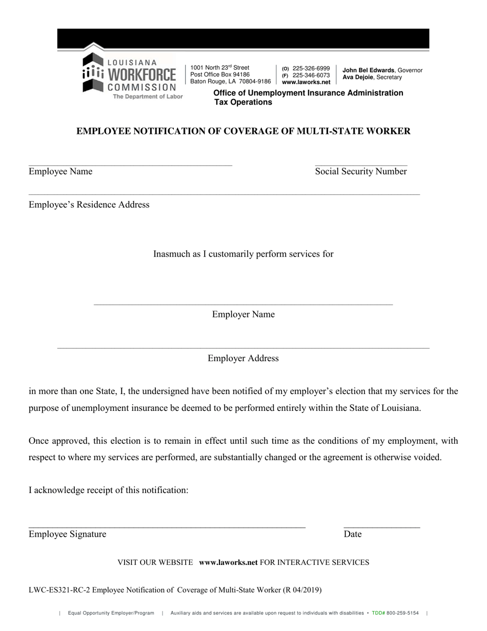 Form LWC-ES321-RC-2 Employee Notification of Coverage of Multi-State Worker - Louisiana, Page 1