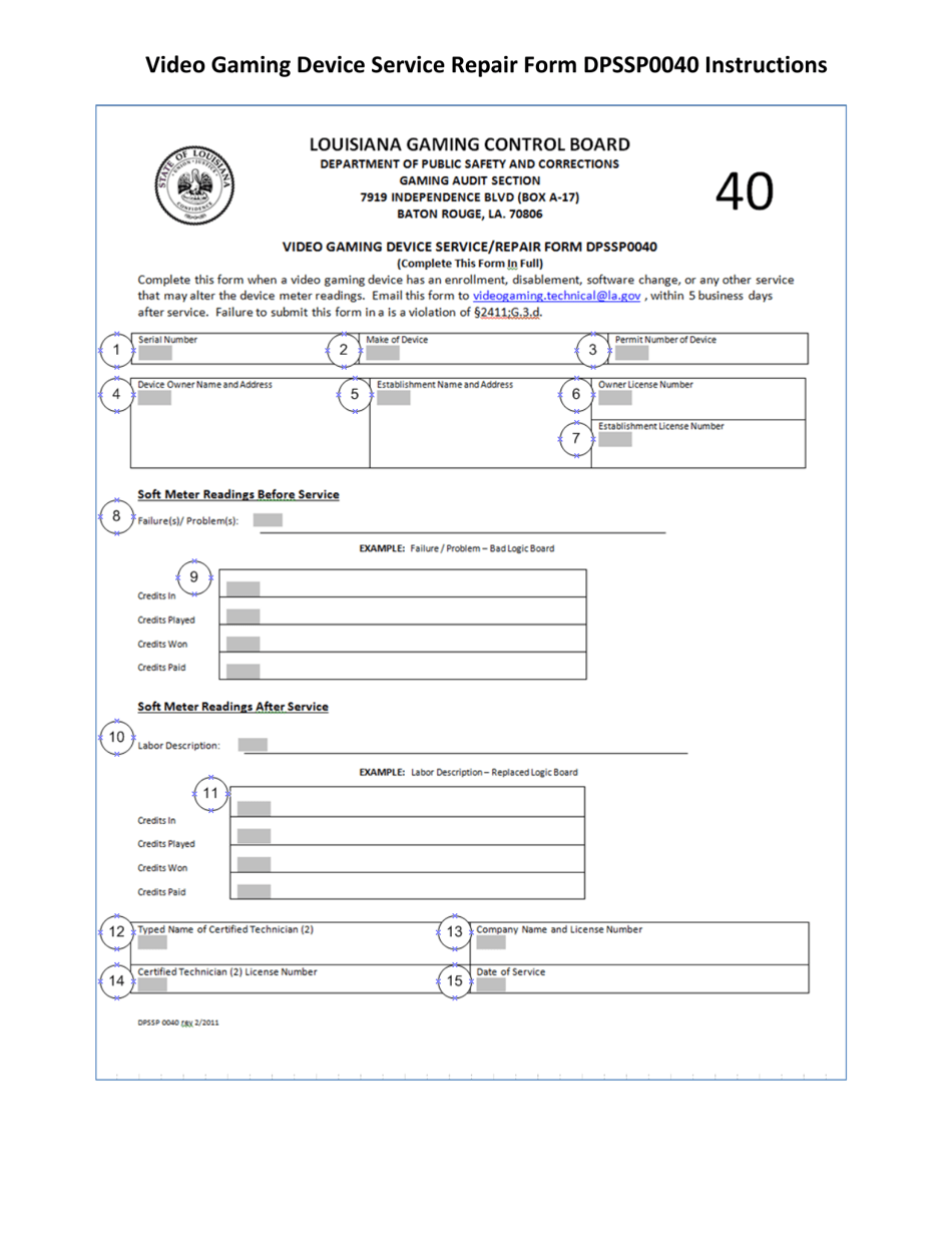 Instructions for Form DPSSP0040 Video Gaming Device Service / Repair Form - Louisiana, Page 1