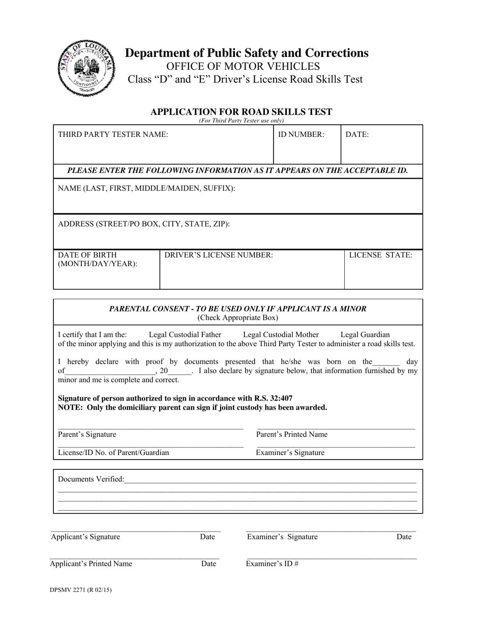 Form DPSMV2271 Application for Road Skills Test - Louisiana, Page 1