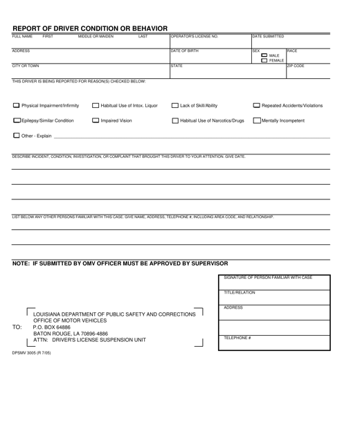 Form DPSMV3005 Report of Driver Condition or Behavior - Louisiana