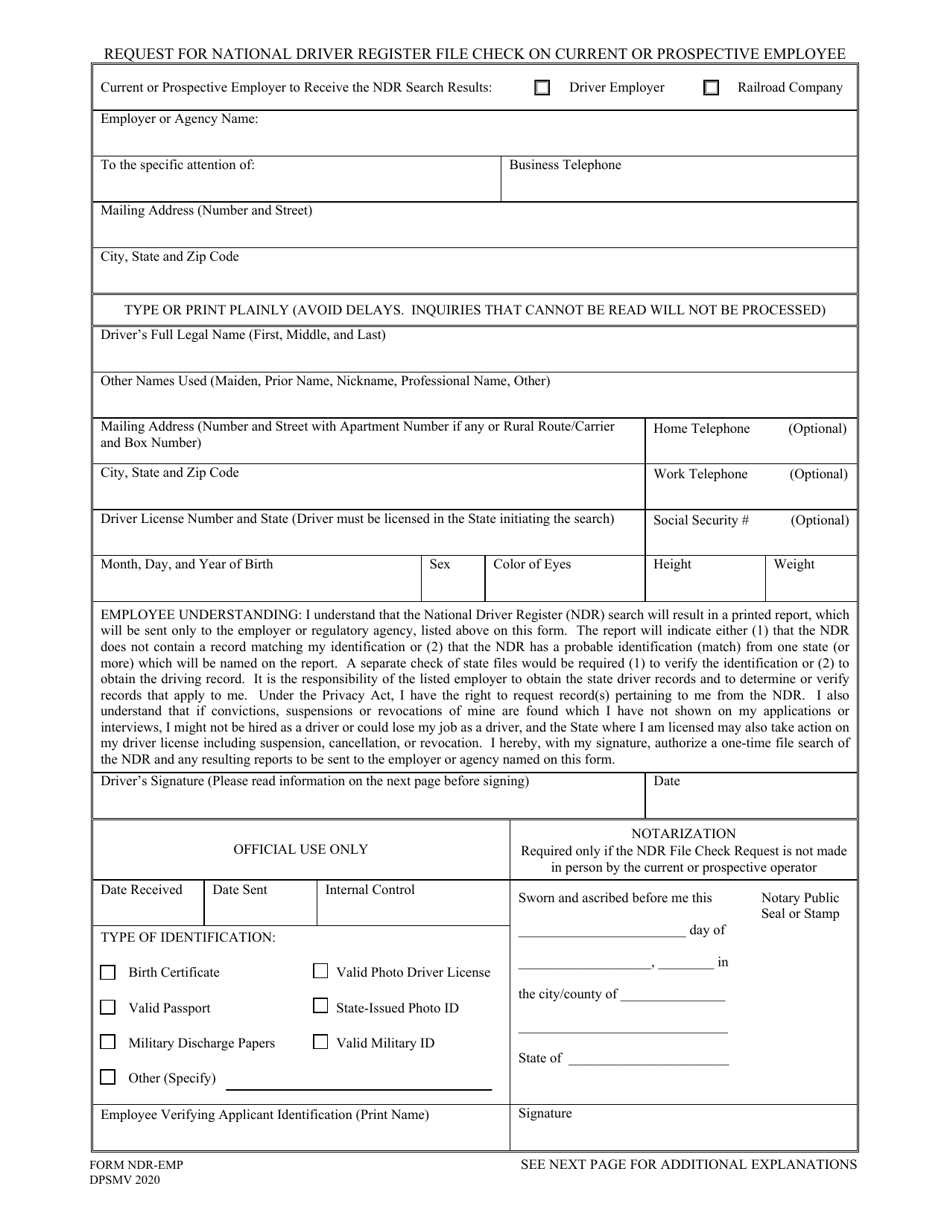 Form NDR-EMP (DPSMV2020) Request for National Driver Register File Check on Current or Prospective Employee - Louisiana, Page 1