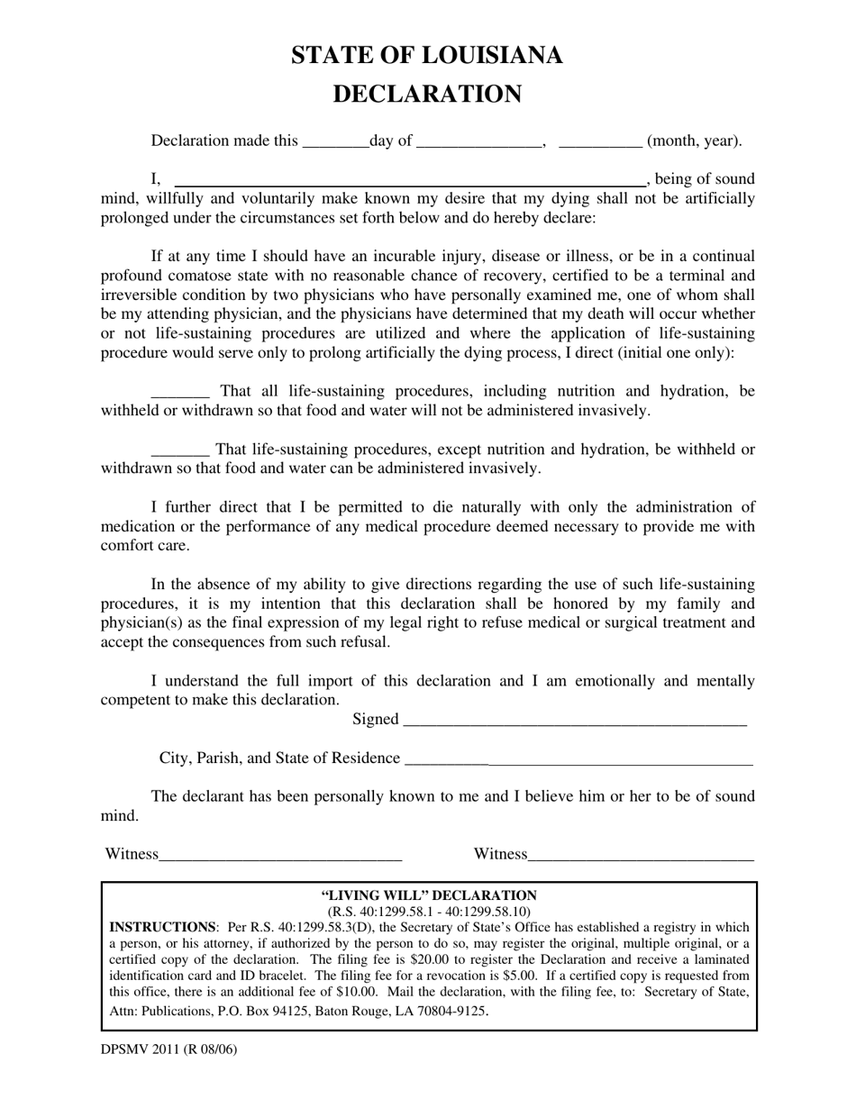 Form DPSMV2011 Living Will Declaration - Louisiana, Page 1