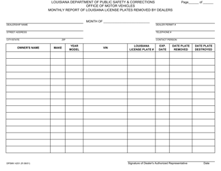 Document preview: Form DPSMV4251 Monthly Report of Louisiana License Plates Removed by Dealers - Louisiana