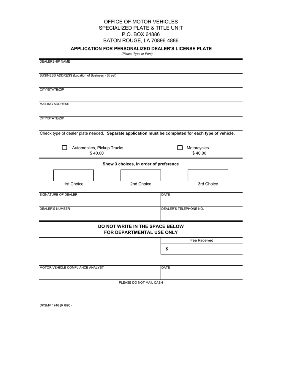 Form DPSMV1746 Application for Personalized Dealers License Plate - Louisiana, Page 1
