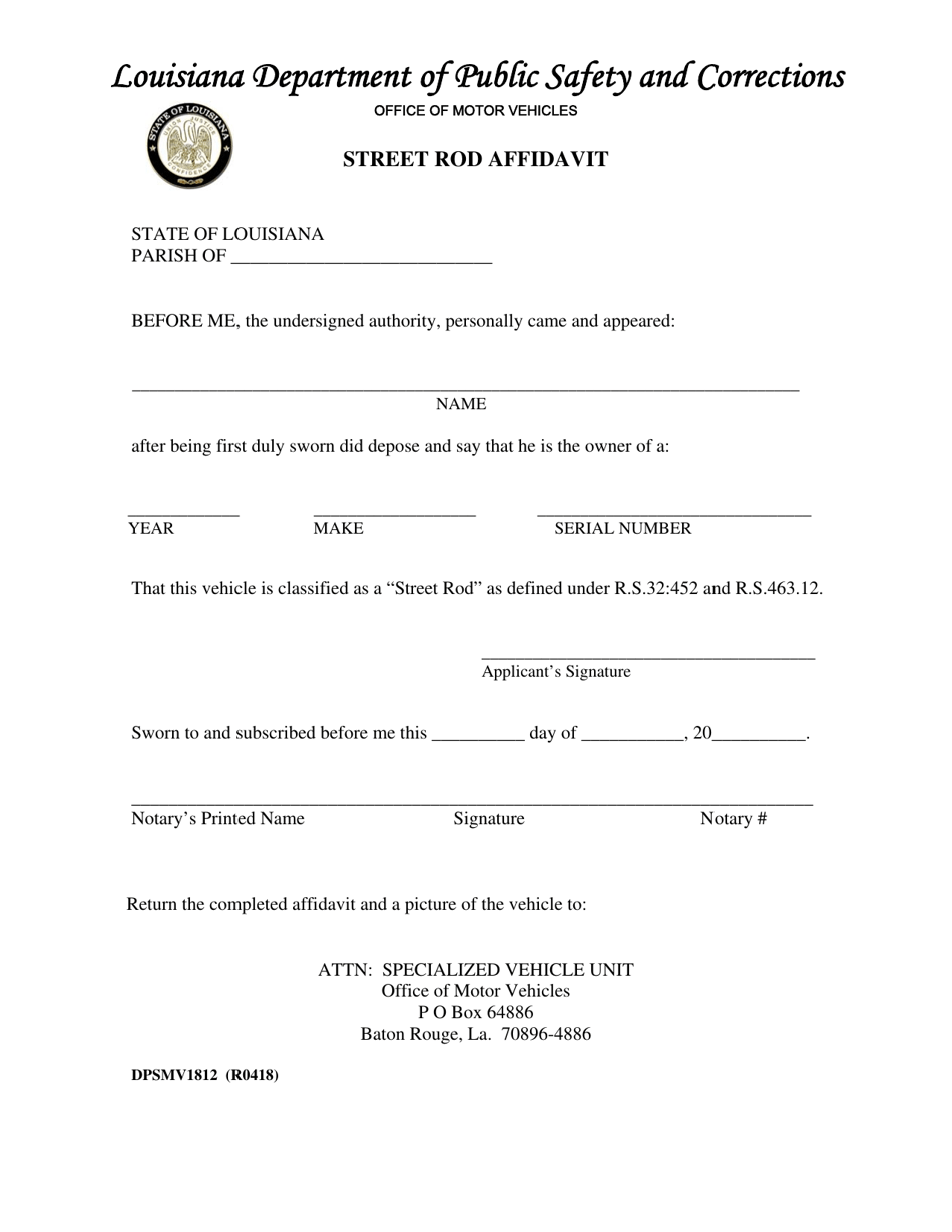 Form DPSMV1812 Street Rod Affidavit - Louisiana, Page 1
