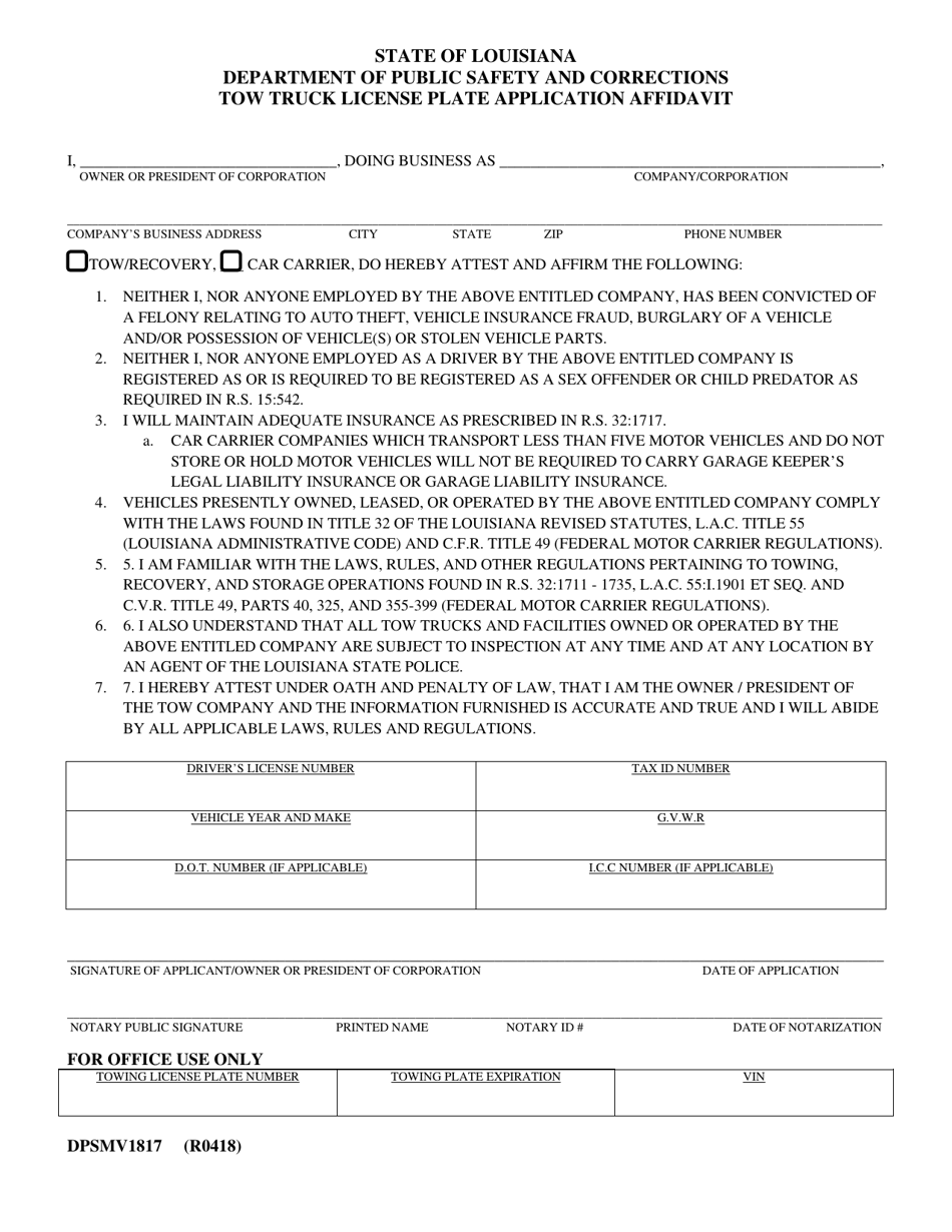 Form DPSMV1817 Tow Truck License Plate Application Affidavit - Louisiana, Page 1