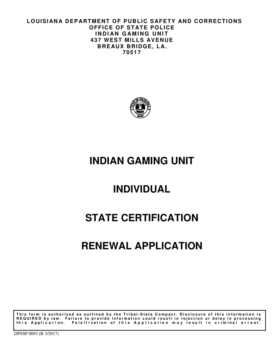 Form DPSSP0093 Indian Gaming Unit Individual State Certification Renewal Application - Louisiana, Page 1