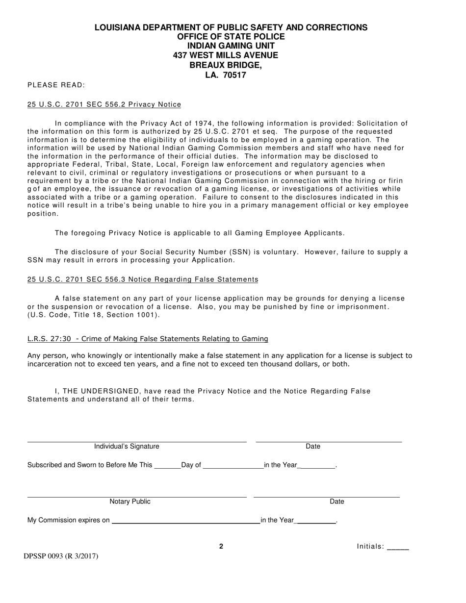 Form DPSSP0093 Indian Gaming Unit Individual State Certification Renewal Application - Louisiana, Page 5