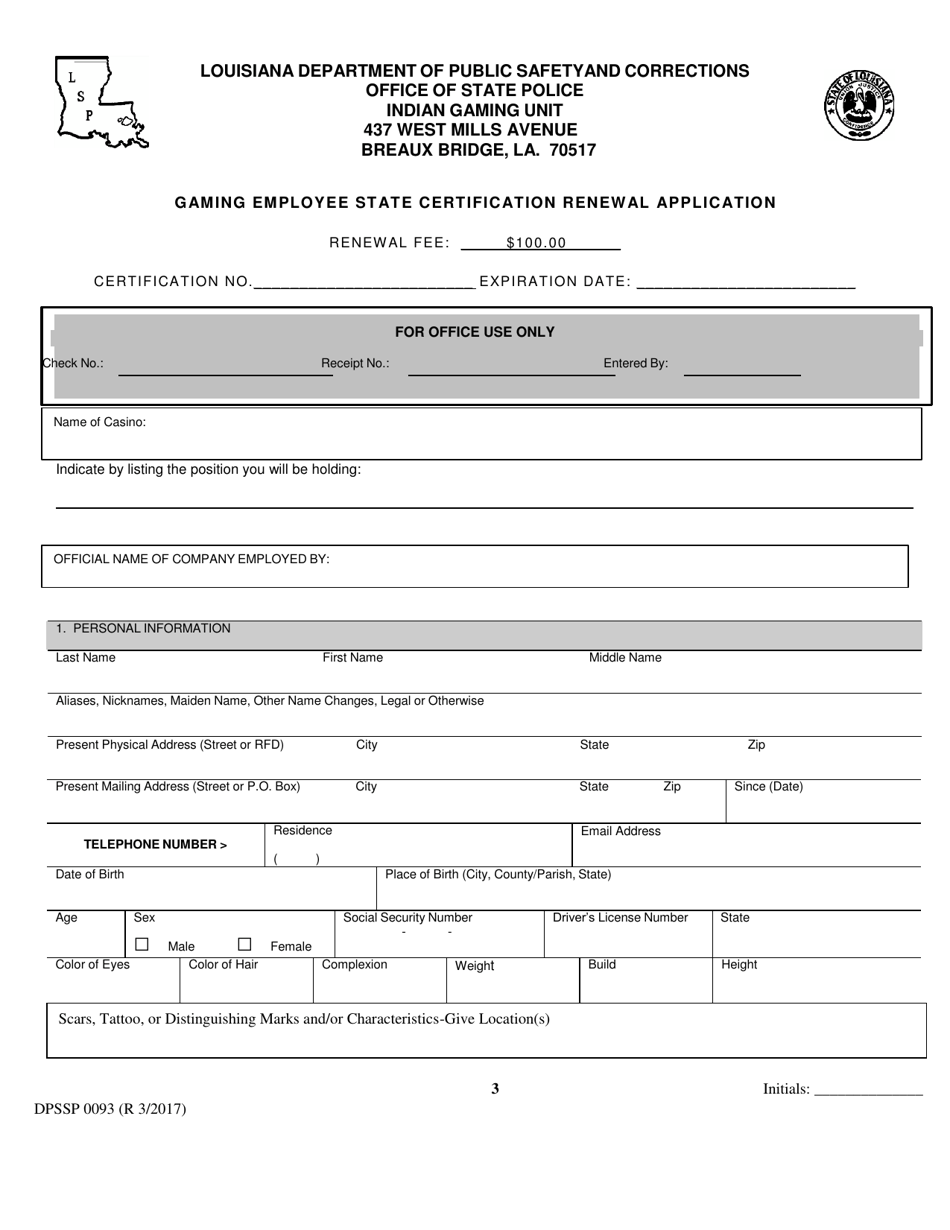 Form DPSSP0093 Indian Gaming Unit Individual State Certification Renewal Application - Louisiana, Page 6