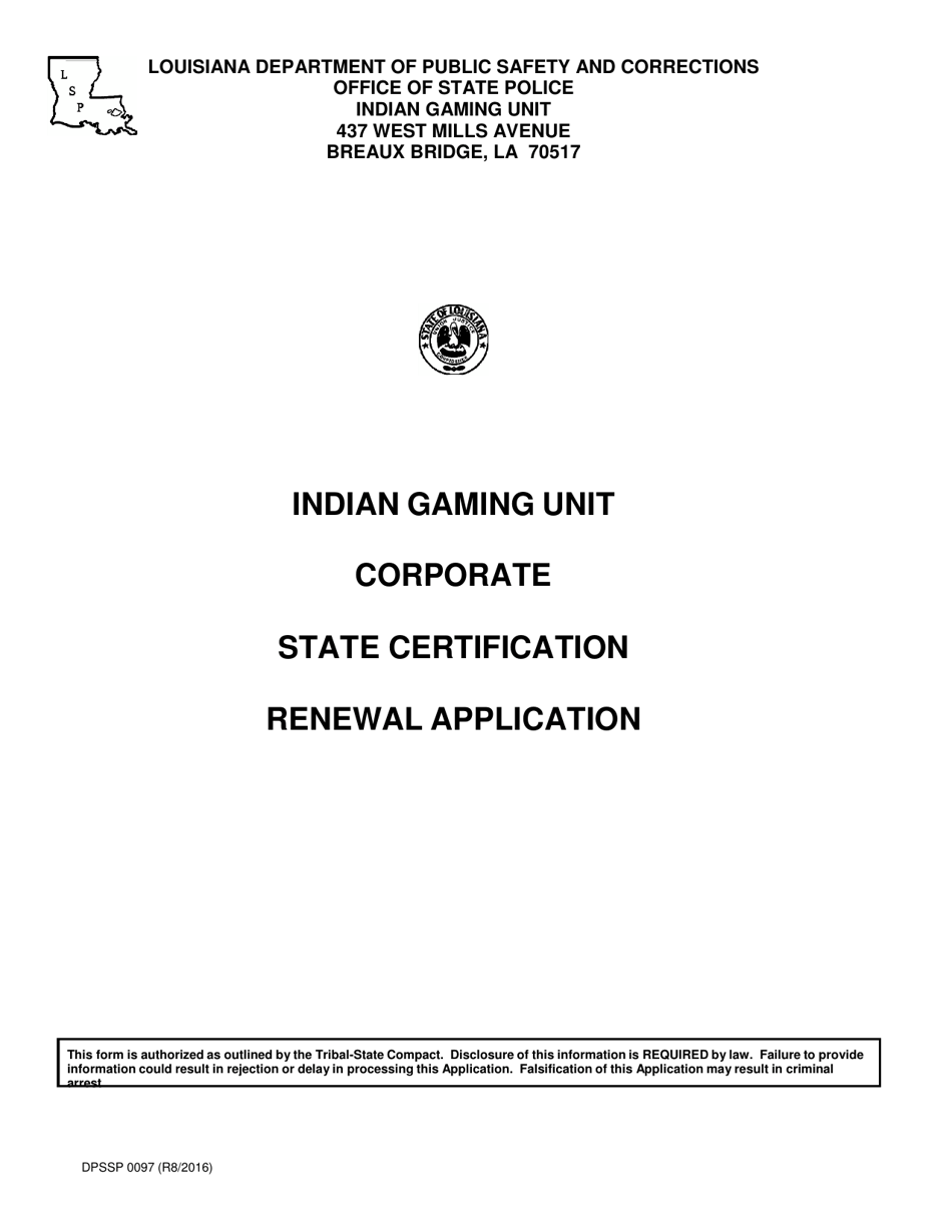Form DPSSP0097 Indian Gaming Unit Corporate State Certification Renewal Application - Louisiana, Page 1