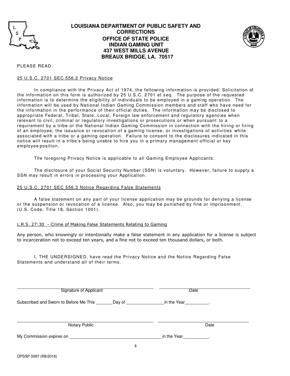 Form DPSSP0097 Indian Gaming Unit Corporate State Certification Renewal Application - Louisiana, Page 8