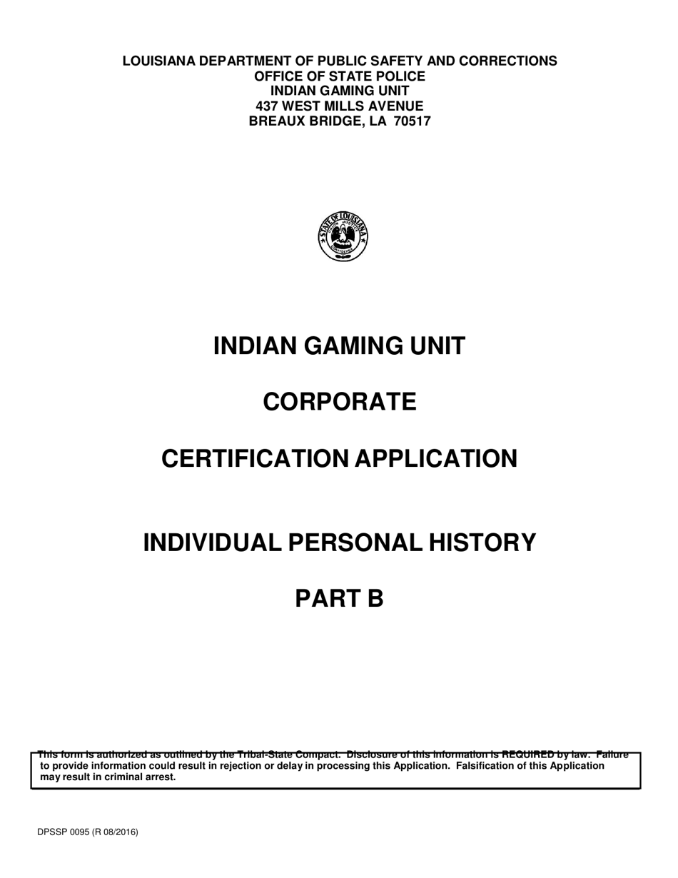 Form DPSSP0095 Part B Indian Gaming Unit Corporate Certification Application Individual Personal History - Louisiana, Page 1