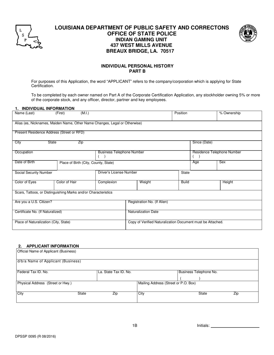 Form DPSSP0095 Part B Indian Gaming Unit Corporate Certification Application Individual Personal History - Louisiana, Page 4