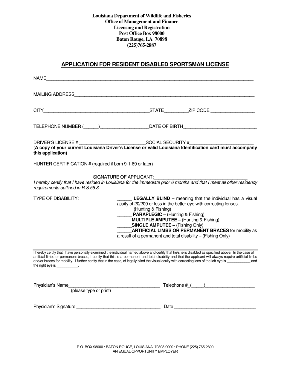 Application for Resident Disabled Sportsman License - Louisiana, Page 1