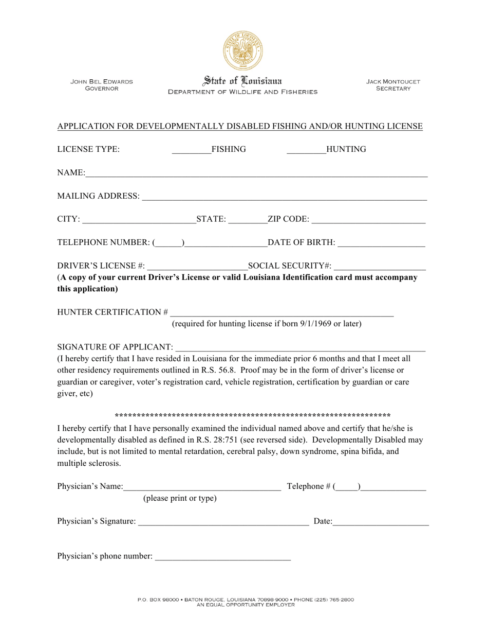 Application for Developmentally Disabled Fishing and / or Hunting License - Louisiana, Page 1