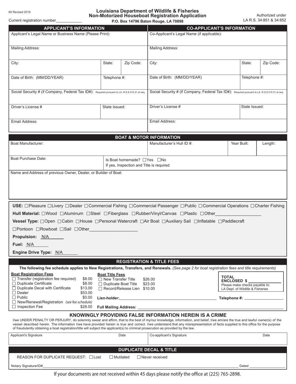 Non-motorized Houseboat Registration Application - Louisiana, Page 1