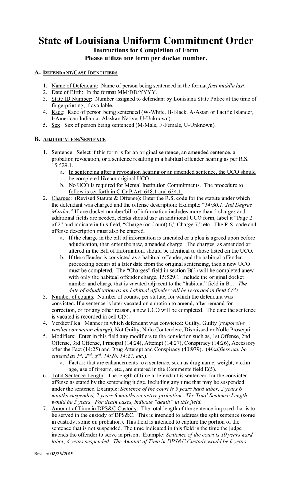 Instructions for State of Louisiana Uniform Commitment Order - Louisiana, Page 1