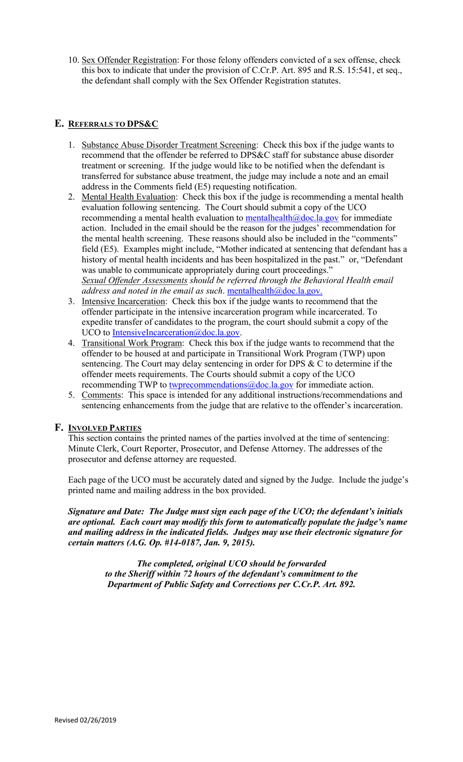 Instructions for State of Louisiana Uniform Commitment Order - Louisiana, Page 3