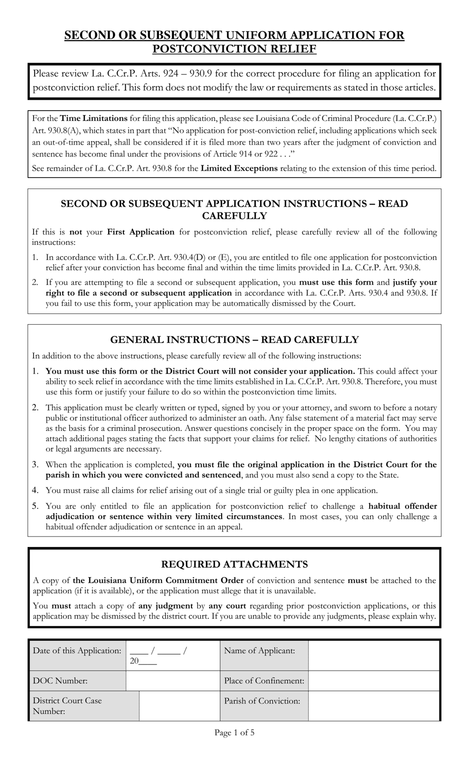 Second or Subsequent Uniform Application for Postconviction Relief - Louisiana, Page 1