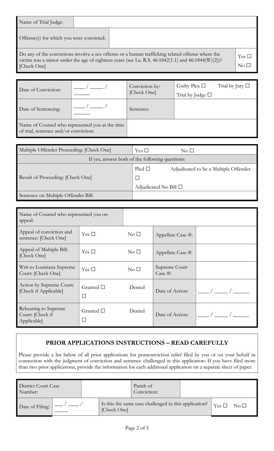 Second or Subsequent Uniform Application for Postconviction Relief - Louisiana, Page 2