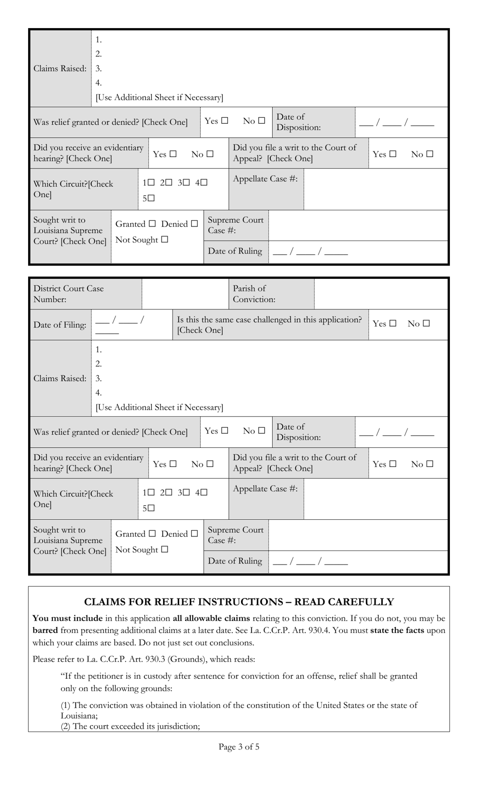 Second or Subsequent Uniform Application for Postconviction Relief - Louisiana, Page 3